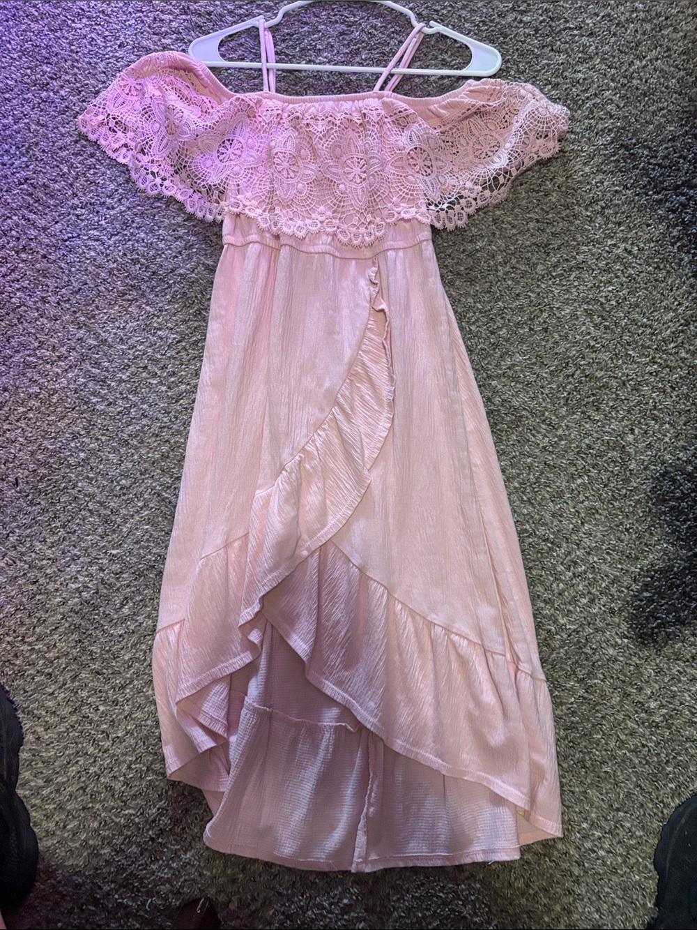 No Boundaries Pink Off-Shoulder Ruffle Lace Dress